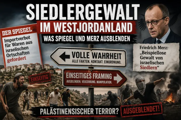 Titelbild zur Siedlergewalt im Westjordanland mit Friedrich Merz, SPIEGEL-Schlagzeile und dem ausgeblendeten palästinensischen Terror