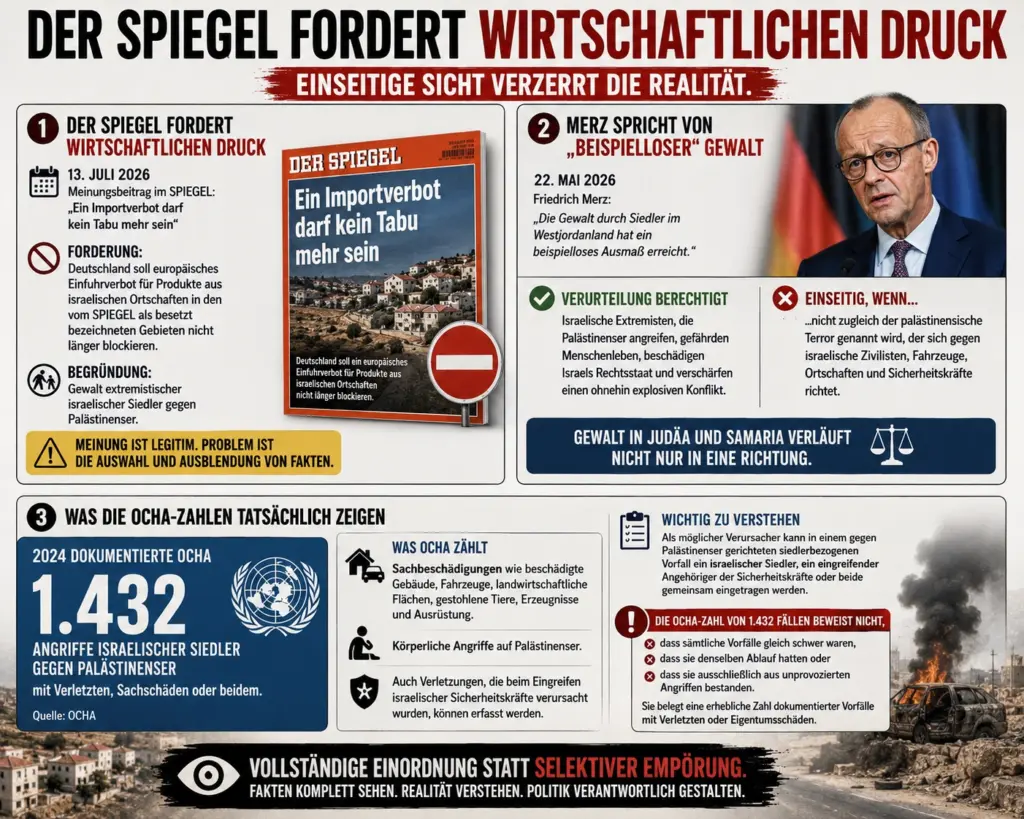 Siedlergewalt im Westjordanland: Was SPIEGEL ausblendet 1 Infografik zu SPIEGEL, Friedrich Merz und den OCHA-Zahlen über Siedlergewalt sowie die ausgeblendete palästinensische Gewalt