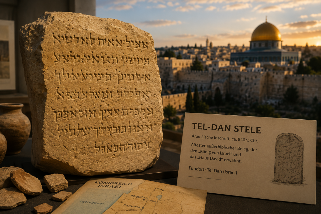 Jüdische Indigenität: Warum Israel kein Kolonialprojekt ist 2 Symbolische KI-Darstellung der Tel-Dan-Stele mit archäologischen Funden vor der Kulisse Jerusalems