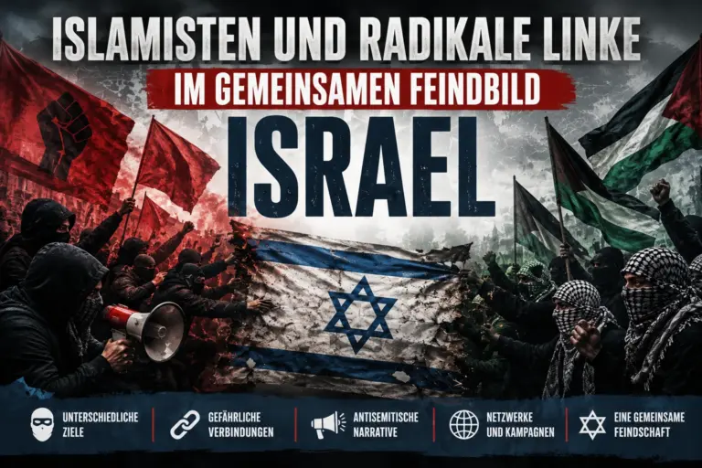 Titelgrafik mit radikal linken und islamistischen Protestmilieus, einer bedrängten israelischen Flagge und der Überschrift zum gemeinsamen Feindbild Israel