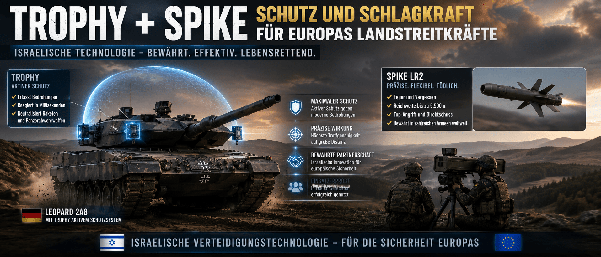 Israelische Verteidigungstechnologie für Europas Sicherheit 2 Leopard 2A8 mit Trophy-Schutzsystem und Spike LR2 als Beispiel israelischer Verteidigungstechnologie in Europa