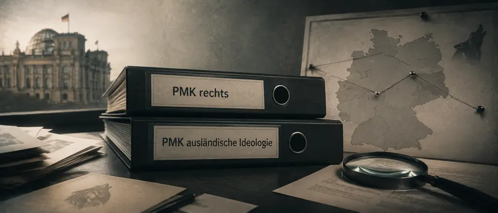 Aktenordner mit den Aufschriften PMK rechts und PMK ausländische Ideologie vor einer Deutschlandkarte