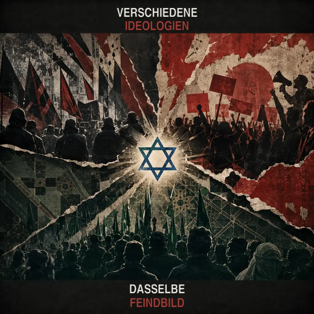 Symbolische Collage zu rechtsextremem, links-antiimperialistischem und islamistischem Antisemitismus mit bedrohtem Davidstern