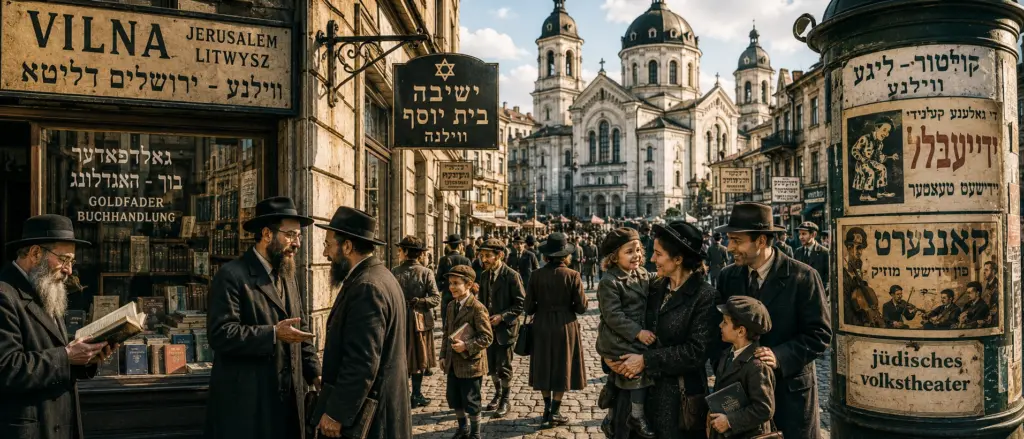 Belebte historische Straßenszene im jüdischen Vilna mit Buchhandlung, Familien, Gelehrten, Plakaten und religiösen Gebäuden