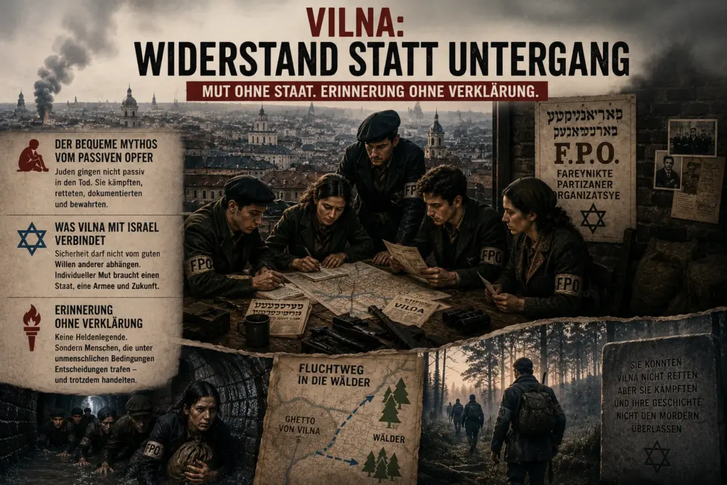 Historische Montage mit jüdischen FPO-Mitgliedern in Vilna, Fluchtweg in die Wälder, Davidstern und Einordnung zu Widerstand und Erinnerung
