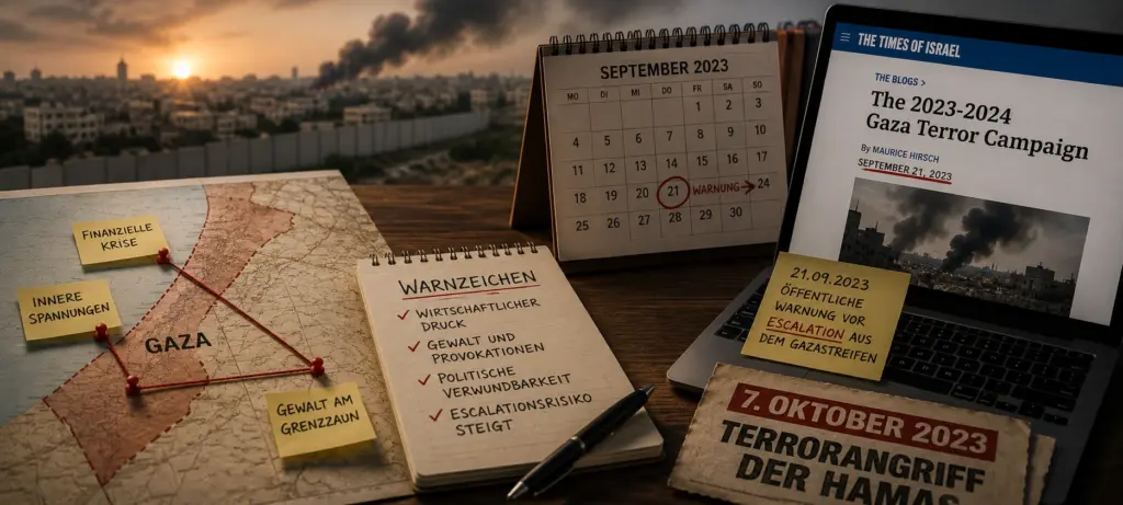 Der 7. Oktober kam überraschend. Die Eskalation nicht. 3 Symbolische Darstellung der öffentlich erkennbaren Warnzeichen vor dem Hamas-Terrorangriff vom 7. Oktober 2023 mit Gaza-Karte, Kalender und Analyse vom 21. September