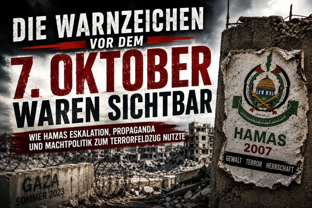 Die Warnzeichen vor dem Terrorangriff der Hamas am 7. Oktober 2023 mit Gaza, Hamas-Symbolik und zerstörter Stadtlandschaft