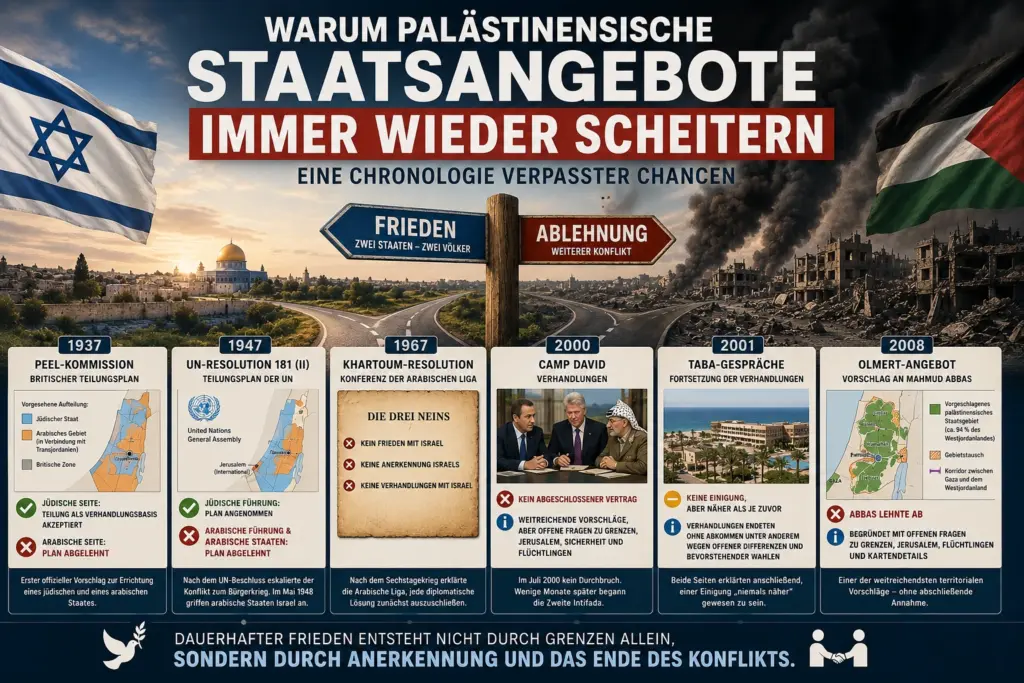 Historische Teilungs- und Friedensangebote für einen palästinensischen Staat von 1937 bis 2008 als chronologische Infografik mit Israel und Friedensverhandlungen.