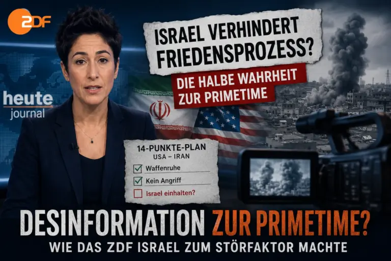 ZDF-Berichterstattung über Israel: Desinformation zur Primetime 9 Symbolische Medienmontage zur ZDF-Berichterstattung über Israel mit Nachrichtenstudio, Iran- und USA-Bezug sowie der Schlagzeile „Desinformation zur Primetime?“