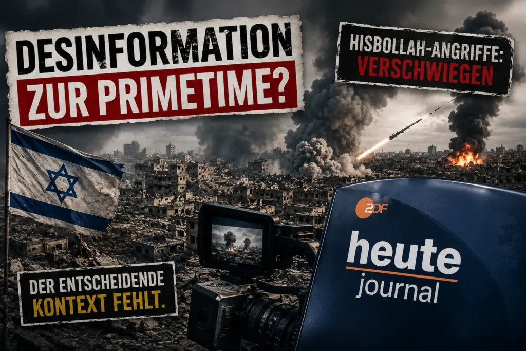 Symbolische Darstellung der ZDF-Berichterstattung über Israel mit Kriegsszene, Fernsehkamera und dem Hinweis auf verschwiegene Hisbollah-Angriffe