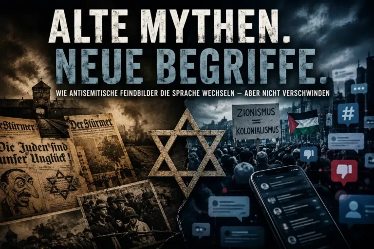 Alter Judenhass, neue Sprache: Warum antisemitische Mythen zurückkehren 8 Symbolische Montage aus historischer antisemitischer Propaganda, Davidstern, Protestszene und moderner Social-Media-Kommunikation.