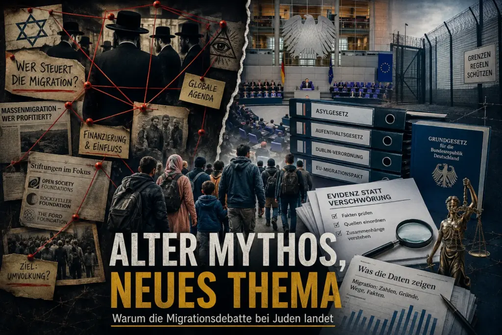Symbolische Montage zu antisemitischen Verschwörungsmythen, Migration und realer politischer Verantwortung in Europa.