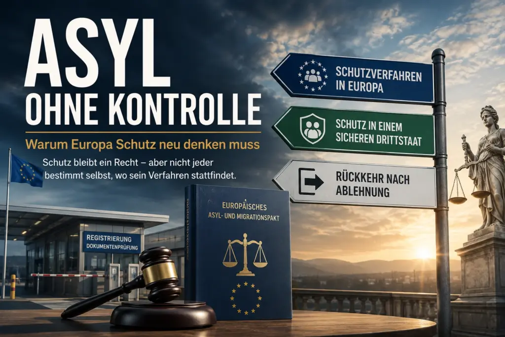 Symbolische Darstellung zu Asylverfahren, sicheren Drittstaaten und Rückkehr nach Ablehnung in Europa