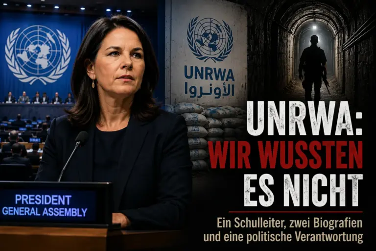 UN ehrte UNRWA-Schulleiter, den Hamas als Kommandeur führt 22 Politikerin vor UN-Kulisse neben UNRWA-Symbolik, Hilfsgütern und dunklem Tunnel mit großem Schriftzug