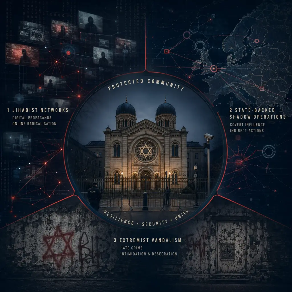 Symbolgrafik zu jihadistischen Netzwerken, staatlich gesteuerten Schattenoperationen und extremistischer Sachbeschädigung gegen jüdisches Leben in Europa