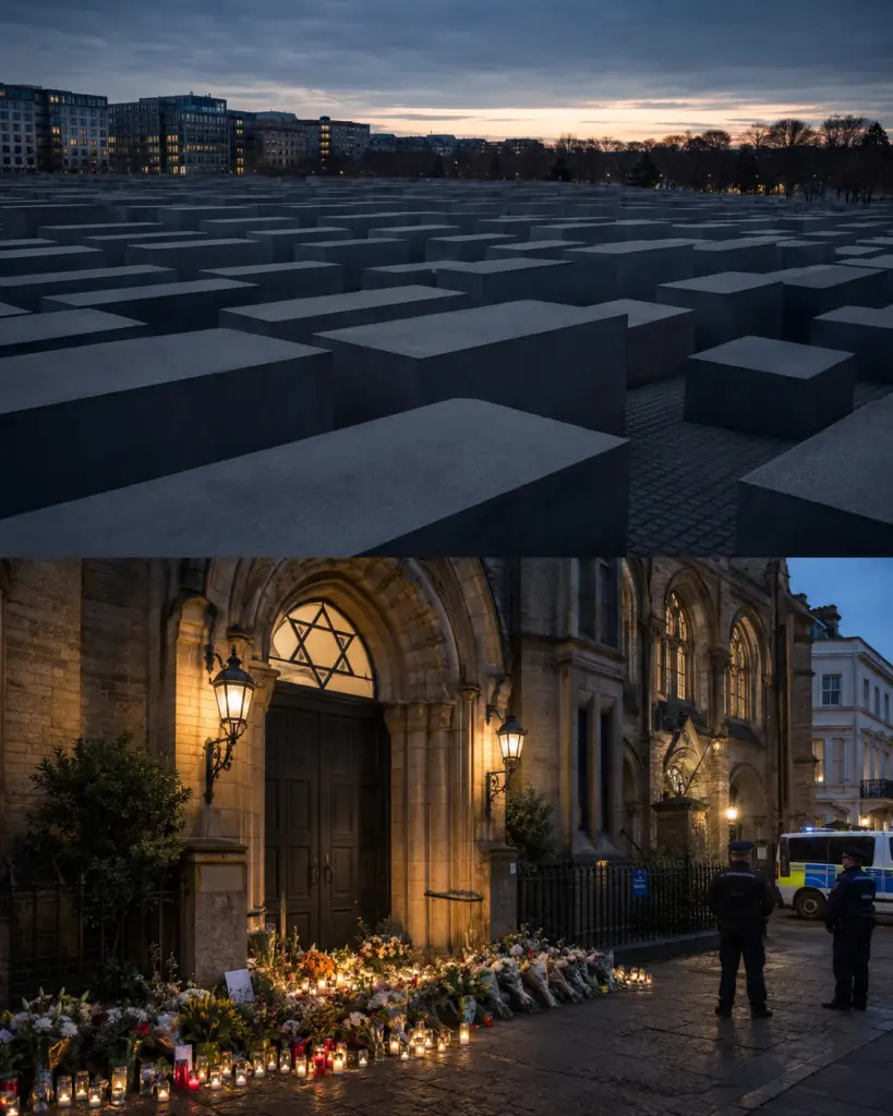 Shoah-Mahnmal in Berlin und britische Synagoge mit Blumen, Kerzen und Polizeischutz