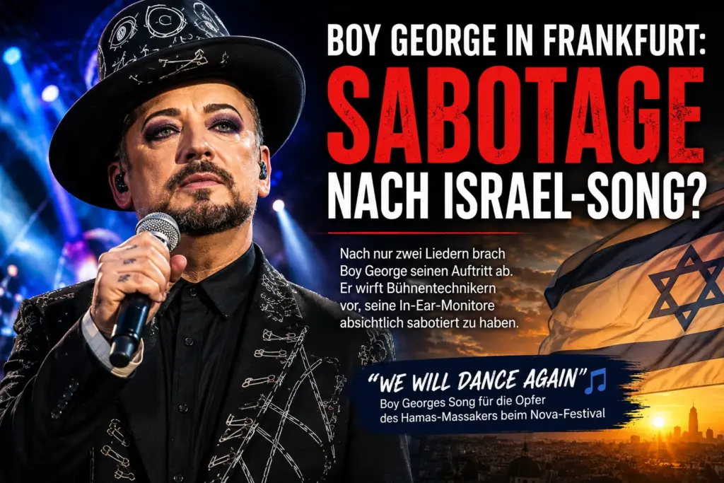 Symbolische KI-Darstellung von Boy George vor Konzertkulisse mit Israel-Bezug und Sabotagefrage