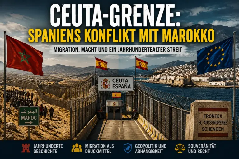Symbolische Montage der befestigten Ceuta-Grenze zwischen Marokko und Spanien mit Grenzzaun, Flaggen und Menschengruppen