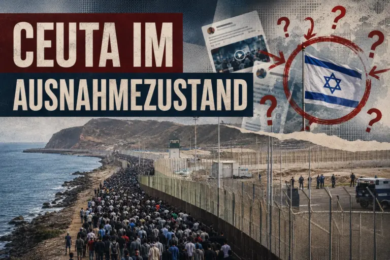 Titelbild zur Ceuta-Krise mit Grenzzaun, Menschenmenge und unbelegter Schuldzuweisung gegen Israel