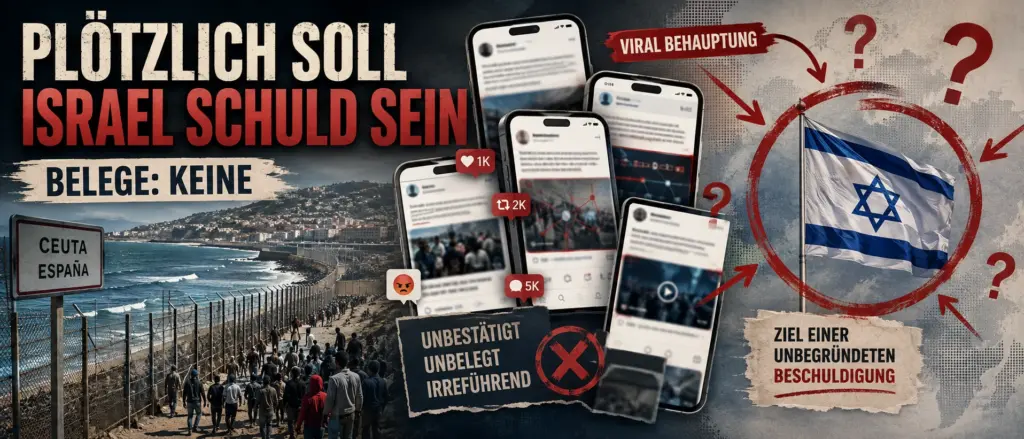 Mediencollage zur Ceuta-Krise mit sozialen Netzwerken und einer unbelegten Schuldzuweisung gegen Israel