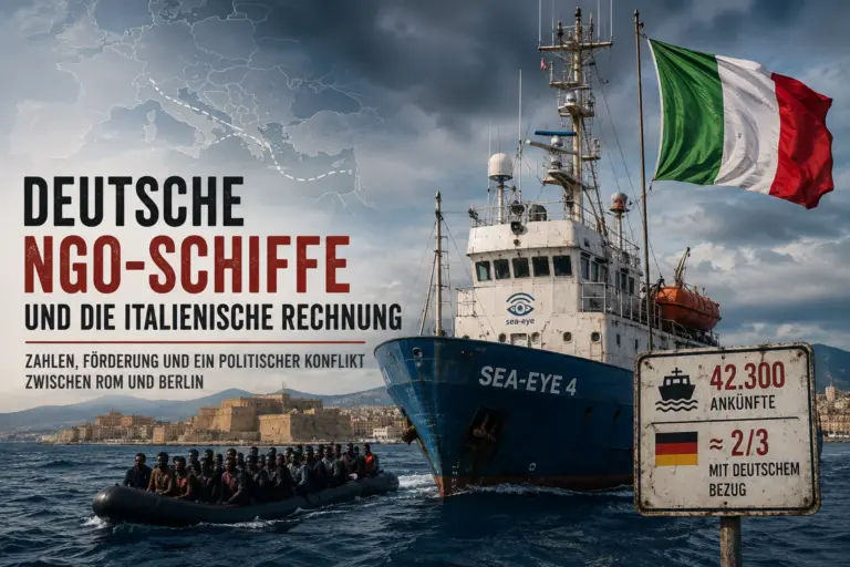 Symbolische Mittelmeer-Szene mit NGO-Rettungsschiff, italienischer Flagge, Schlauchboot und Zahlen zu 42.300 Ankünften.