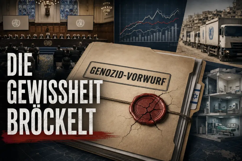 Journalistische Editorial-Collage zum Genozid-Vorwurf gegen Israel mit aufbrechender Aktenversiegelung, internationalem Gerichtssaal, Datengrafik, Hilfslastwagen und Krankenhausdarstellung