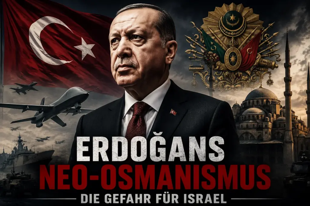 Recep Tayyip Erdoğan vor türkischer Flagge, Militärgerät und osmanisch geprägter Symbolik