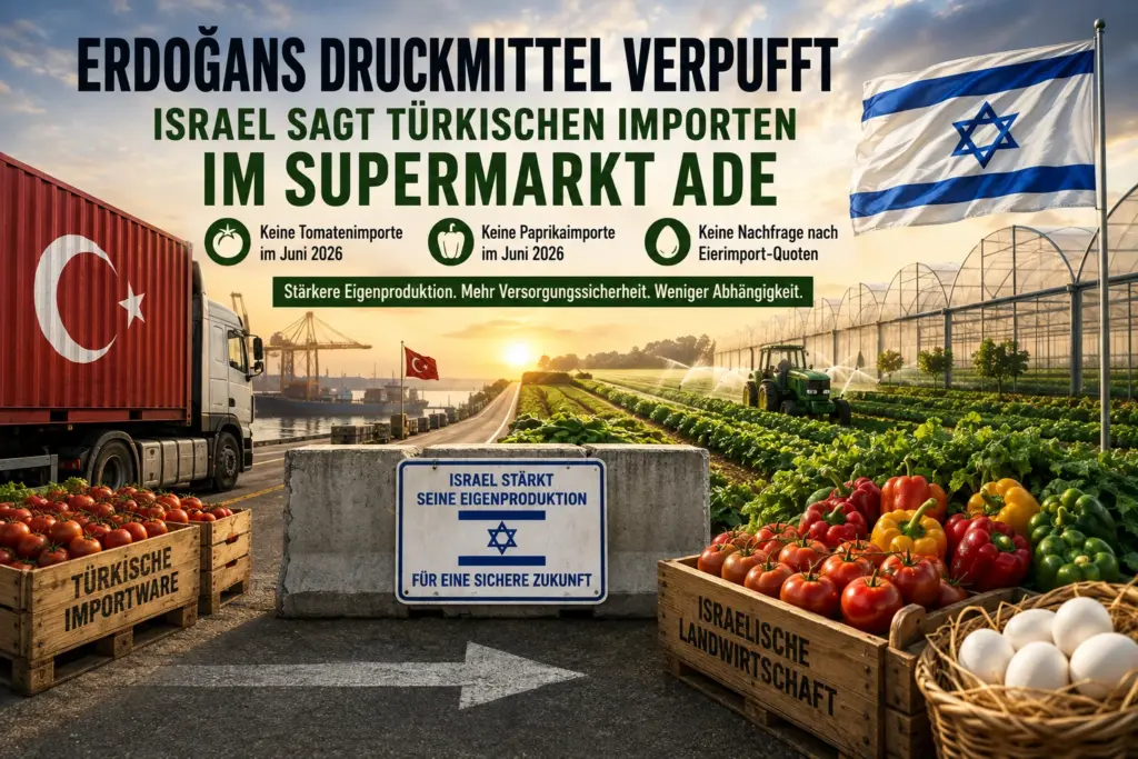 Türkischer Warenimport trifft auf israelische Landwirtschaft mit Gewächshäusern, Gemüse und eigener Produktion