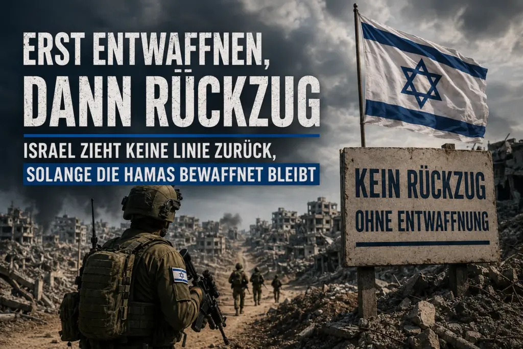 Israelische Soldaten und Flagge in zerstörter Stadt mit Schriftzug „Erst entwaffnen, dann Rückzug“
