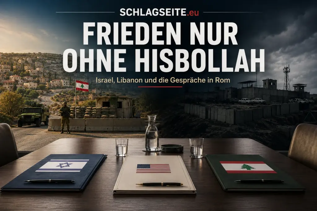 Titelbild mit Verhandlungstisch, Israel und Libanon sowie der Überschrift „Frieden nur ohne Hisbollah“