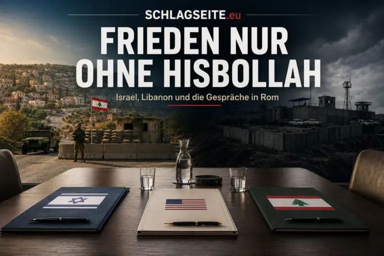 Israel und Libanon in Rom: Frieden hängt an der Hisbollah 9 Titelbild mit Verhandlungstisch, Israel und Libanon sowie der Überschrift „Frieden nur ohne Hisbollah“