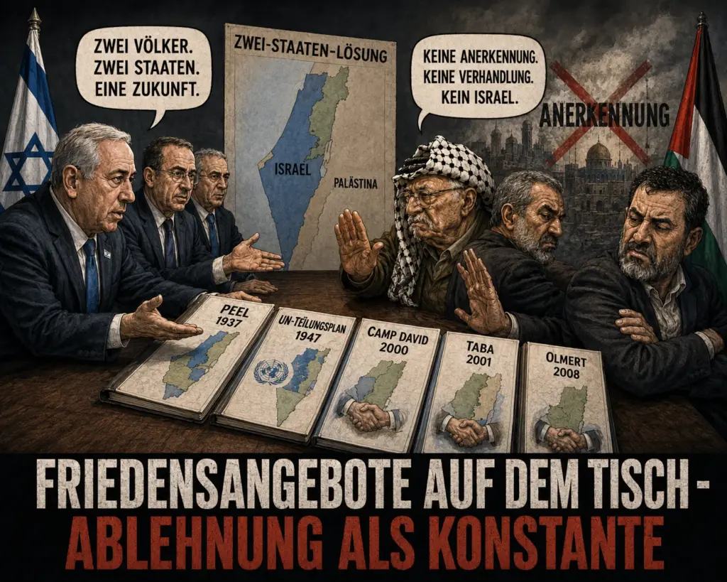 Friedensangebote auf dem Tisch, Ablehnung als Konstante Politische Karikatur zu Friedensangeboten im Nahostkonflikt mit israelischen Verhandlern links und palästinensischer Ablehnung von Anerkennung und Koexistenz rechts