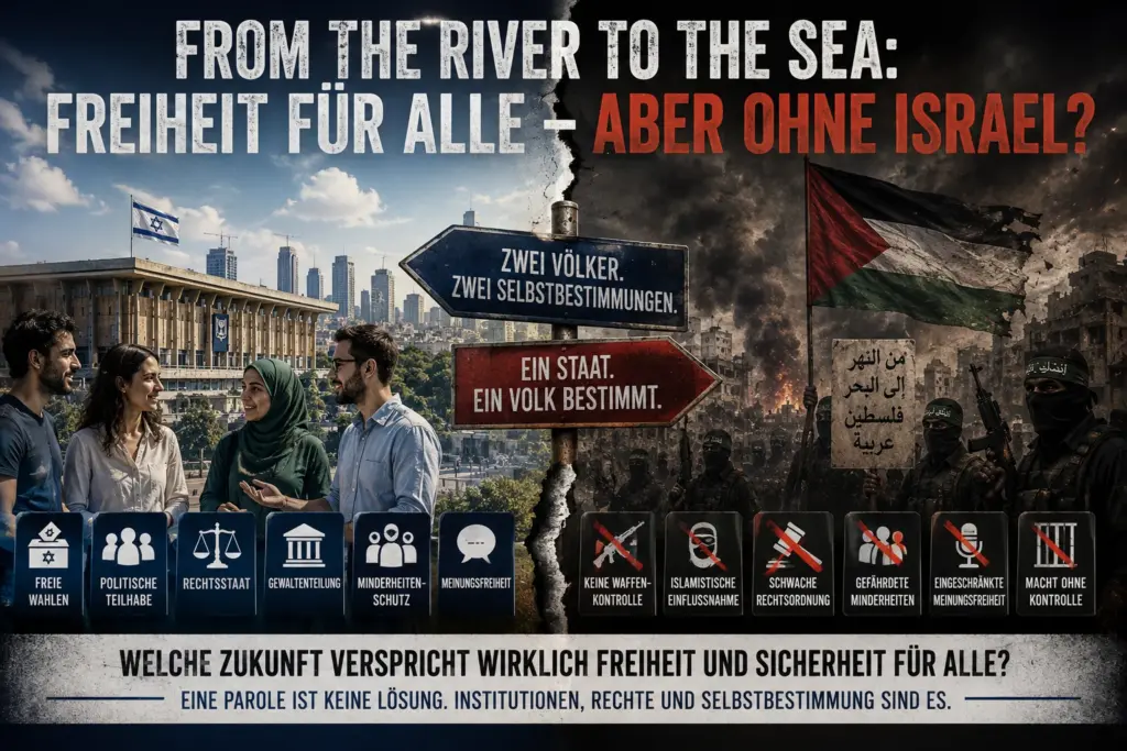 Geteilte Darstellung mit israelischer Demokratie auf der einen und bewaffnetem Islamismus auf der anderen Seite.