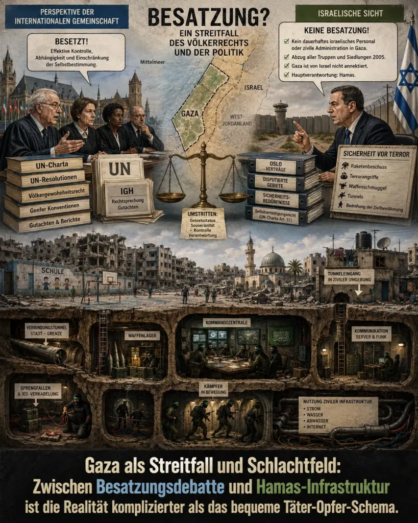 Gaza als Streitfall und Schlachtfeld Politische Karikatur zur Besatzungsdebatte um Gaza mit internationaler Rechtsauffassung, israelischer Sicherheitsposition und Hamas-Infrastruktur unter ziviler Umgebung