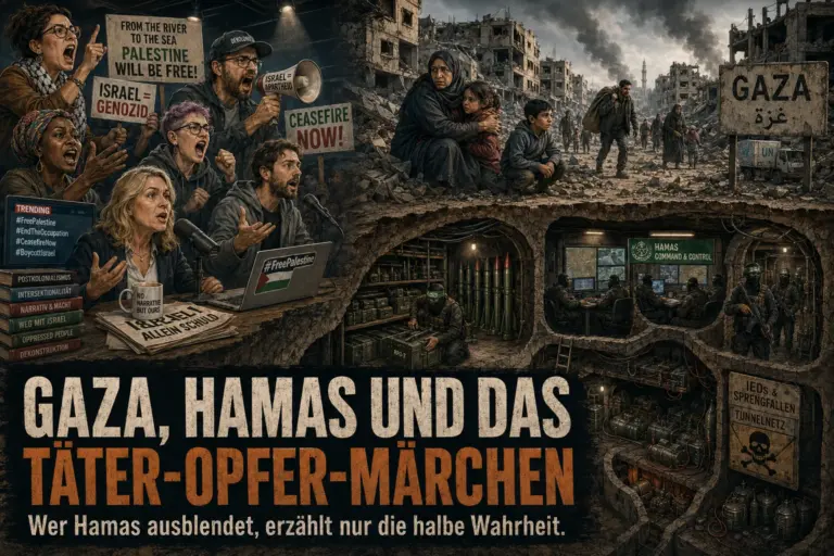 Gaza, Hamas und das bequeme Täter-Opfer-Märchen 11 Politische Editorial-Karikatur zu Gaza, Hamas und dem Täter-Opfer-Narrativ mit westlichen Aktivisten links, zerstörter Stadt und Hamas-Tunneln rechts