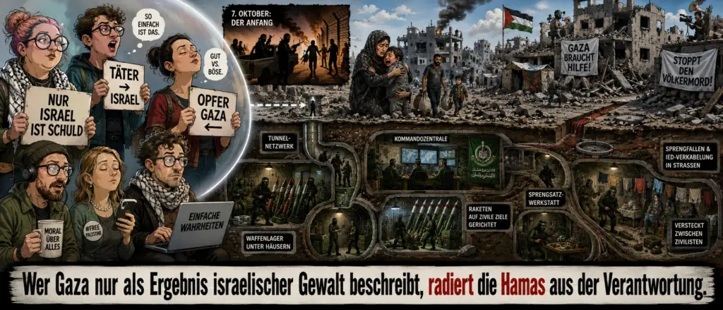 Hamas aus der Verantwortung radiert Politische Karikatur zu Gaza und Hamas mit westlichen Israel-Anklägern links sowie Hamas-Tunneln, Waffenlagern, Raketen und Sprengfallen unter ziviler Infrastruktur rechts