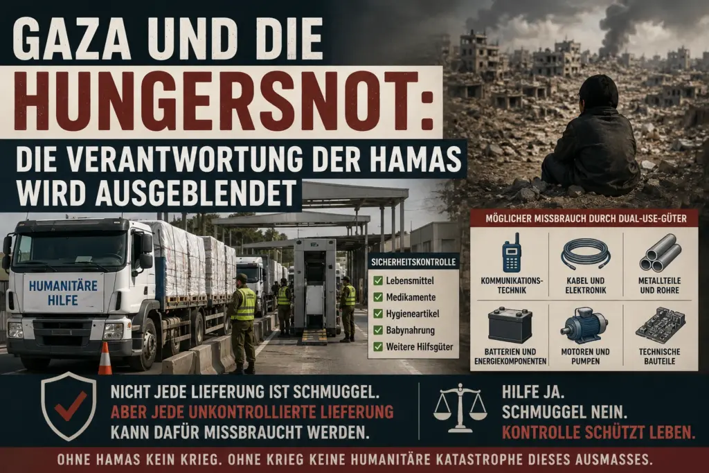 Titelgrafik zu Gaza, Hilfslieferungen, israelischen Kontrollen und der Verantwortung der Hamas