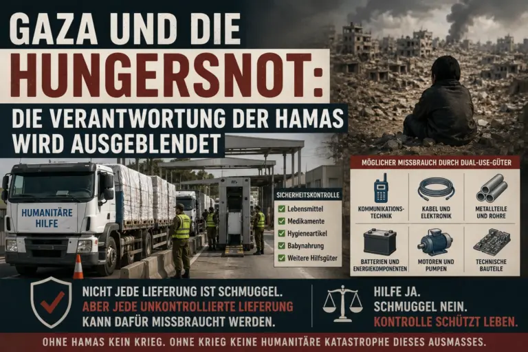 Gaza-Hungersnot: Hamas wird ausgeblendet 5 Titelgrafik zu Gaza, Hilfslieferungen, israelischen Kontrollen und der Verantwortung der Hamas