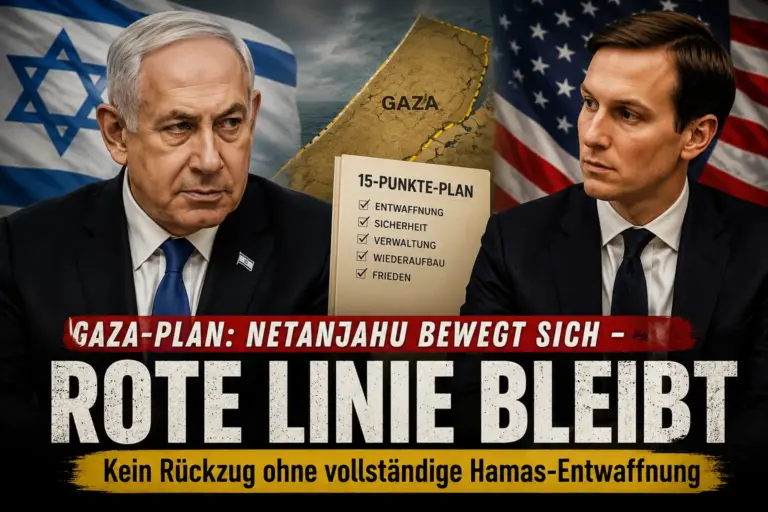 Netanjahu gibt dem Gaza-Plan eine Chance, aber nur unter klarer Bedingung 1 Benjamin Netanjahu und Jared Kushner vor israelischer und amerikanischer Flagge mit symbolischem Gaza-Plan.