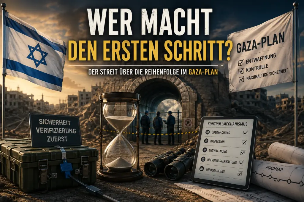 Israelische Flagge, Kontrollmechanismus und Sanduhr symbolisieren den Streit über die Reihenfolge im Gaza-Plan