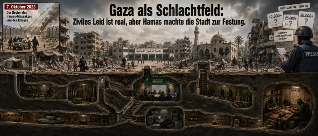 Gaza als Schlachtfeld Politische Karikatur zu Gaza als Schlachtfeld mit zivilem Leid an der Oberfläche, Hamas-Tunneln, Waffenlagern und Sprengfallen im Untergrund sowie umstrittenen Opferzahlen
