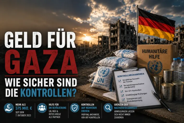 Geld für Gaza: Deutschland vertraut seinen Kontrollen. Aber reichen sie? 6 Symbolische Darstellung humanitärer Gaza-Hilfe mit Hilfsgütern, deutscher Flagge, Kontrollliste und zerstörter Stadtlandschaft.