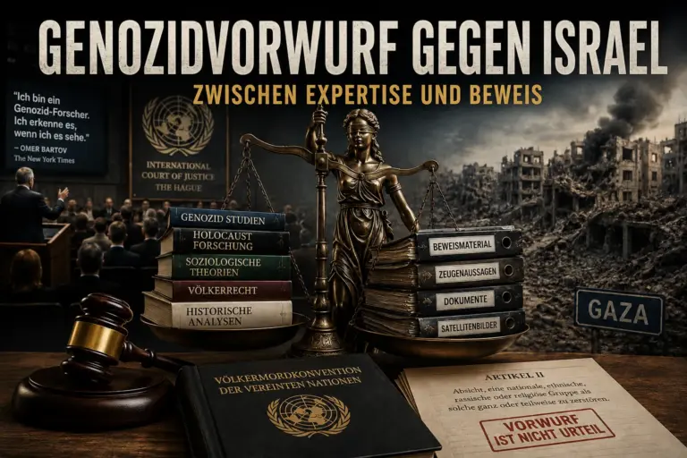 Genozidvorwurf gegen Israel: Was Experten sagen und Gerichte beweisen müssen 8 Symbolische Montage mit Justitia, Fachliteratur, Beweisakten und Gaza-Ruinen zum Genozidvorwurf gegen Israel.