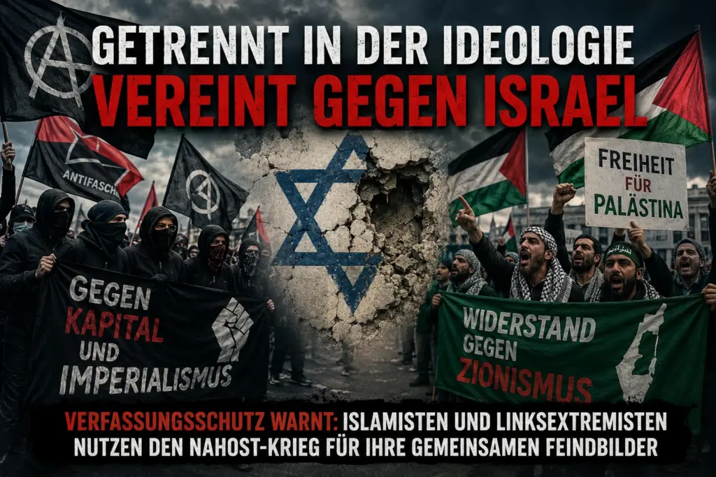 Islamistische und linksextremistische Demonstranten mit gemeinsamem Feindbild Israel, symbolische redaktionelle Montage