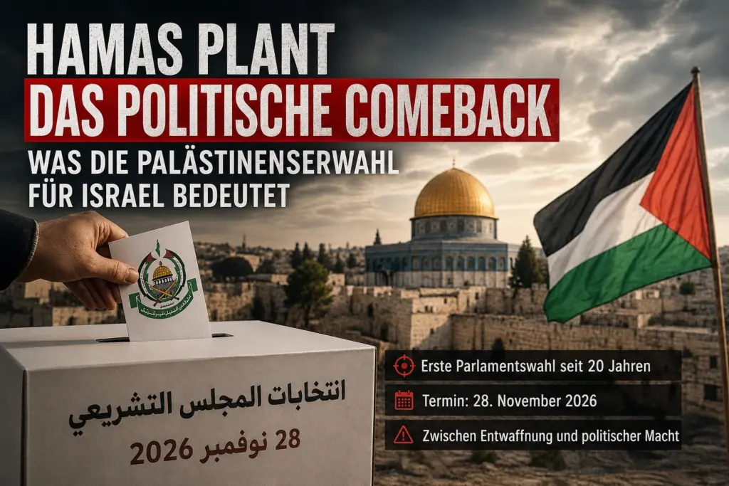 Hamas Palästinenserwahl 2026 mit Wahlurne, Jerusalem und palästinensischer Flagge, symbolische Darstellung