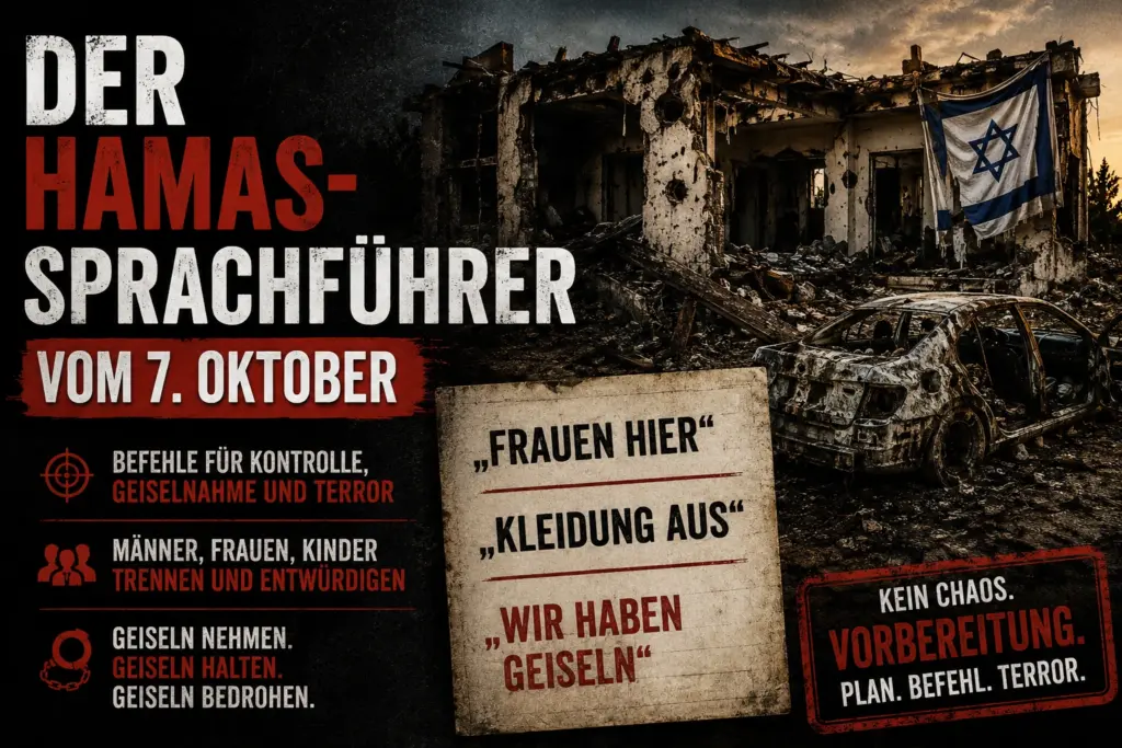 Symbolische Montage mit zerstörter israelischer Wohnumgebung, israelischer Flagge und Befehlen aus dem Hamas-Sprachführer