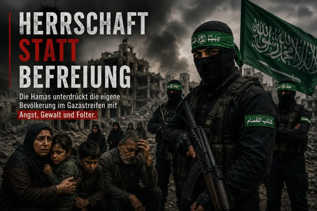 Symbolische Darstellung bewaffneter Hamas-Kämpfer gegenüber verängstigten Zivilisten im zerstörten Gazastreifen