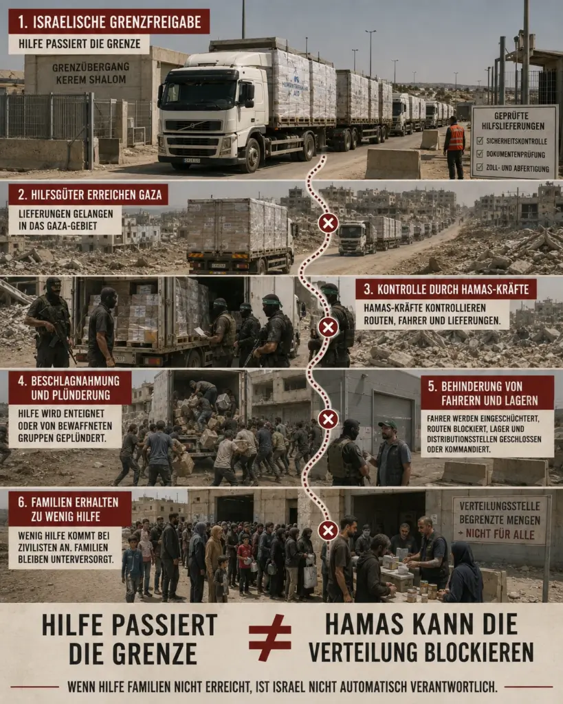 Völkermordvorwurf gegen Israel: Was uns die Fakten zeigen 2 Infografische Darstellung einer Hilfslieferung nach Gaza mit israelischer Grenzfreigabe, anschließender Kontrolle durch Hamas-Kräfte, Beschlagnahmung und unvollständiger Verteilung an Familien
