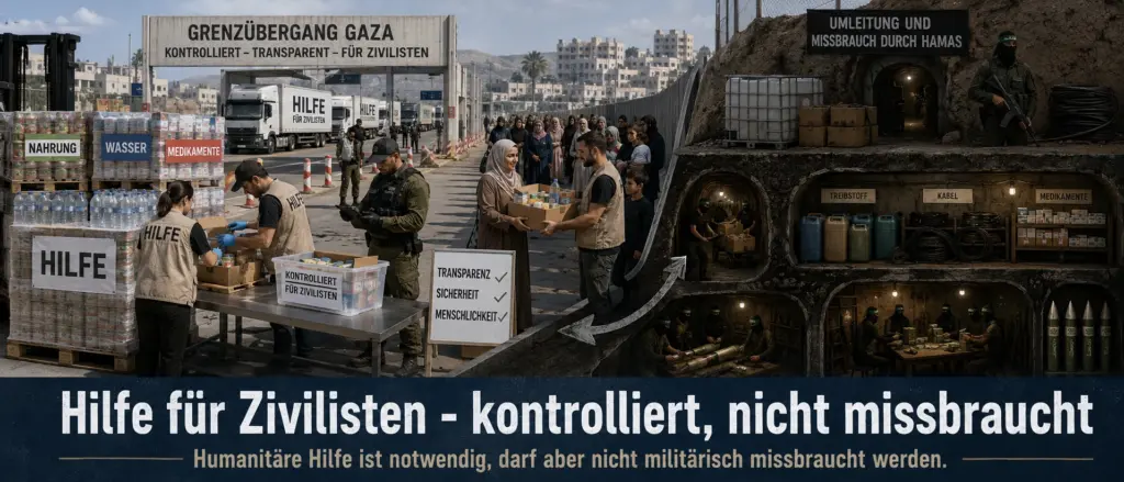 Hilfe für Zivilisten - kontrolliert, nicht missbraucht Symbolische Editorial-Collage zu kontrollierter humanitärer Hilfe für Gaza mit Lebensmitteln, Wasser und Medikamenten links sowie dem Risiko einer Umleitung durch Hamas rechts