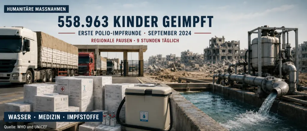 Infografik mit Hilfslastwagen, medizinischen Versorgungspaketen, Impfstofftransportbox und funktionierender Wasserinfrastruktur in Gaza